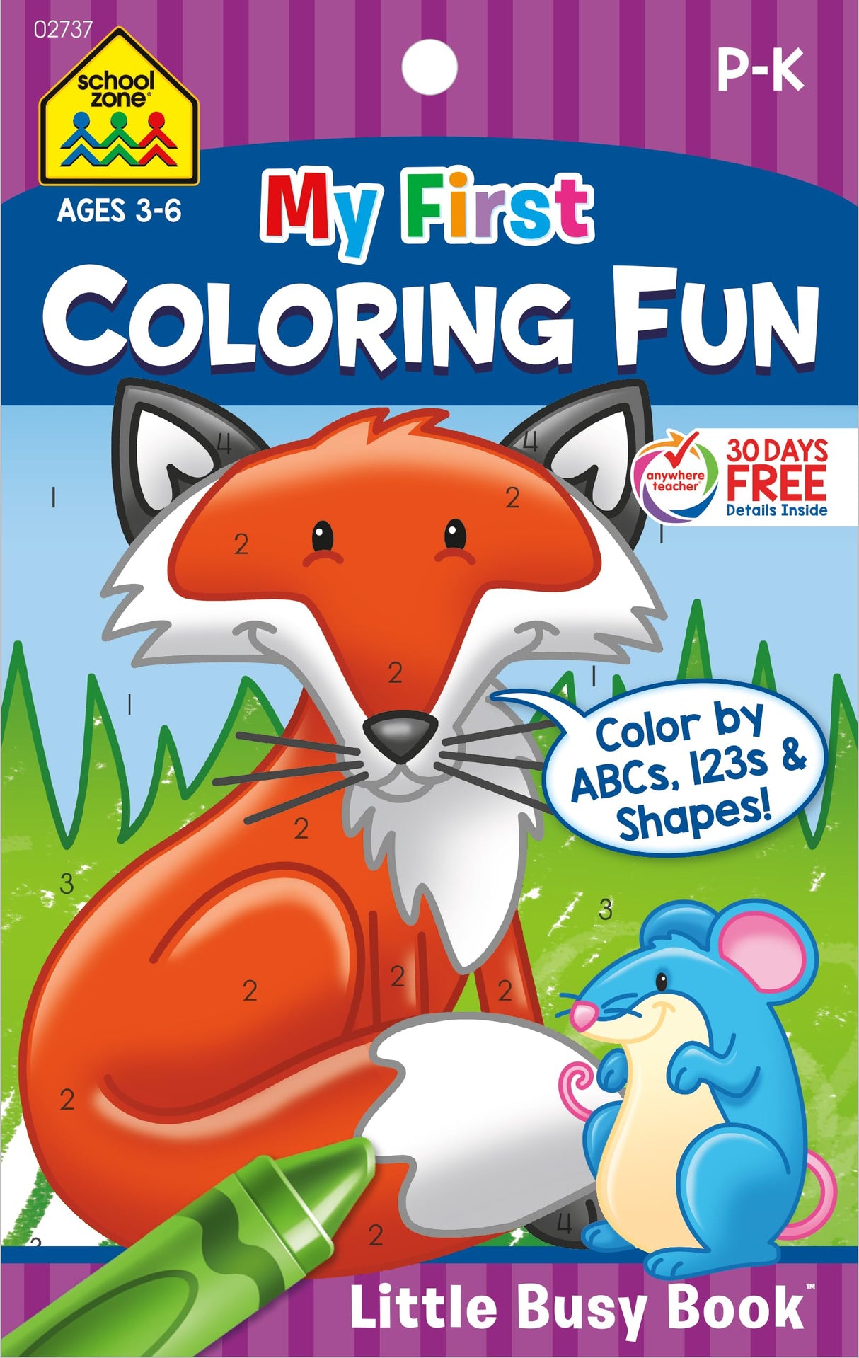 School Zone My First Coloring Fun Workbook: 48 Pages, Pre-K, Preschool, Kindergarten, Numbers, Counting, Letters, Alphabet, Shape Identification, Ages 3 to 6 (Little Busy Book Series) School Zone