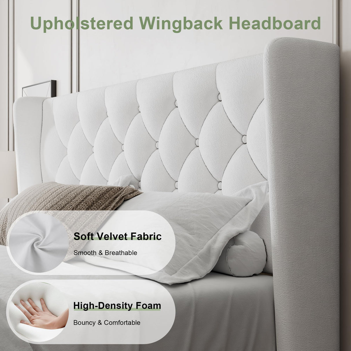 Feonase Queen Size Bed Frame with Diamond Tufted Wingback Headboard, Upholstered Platform Bed, Sturdy Wooden Slats Support, Noise-Free, No Box Spring Needed, Easy Assembly, White Feonase