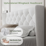 Feonase Queen Size Bed Frame with Diamond Tufted Wingback Headboard, Upholstered Platform Bed, Sturdy Wooden Slats Support, Noise-Free, No Box Spring Needed, Easy Assembly, White Feonase