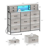 Welfuturer Grey Dresser with Power Outlets and LED Lights 13 Drawers Long Dresser for Bedroom Faux Leather Fabric Chest of Drawers for Living Room Hallway Entryway Closets Sturdy Frame Wood Top Welfuturer