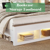 Albott Farmhouse King Size Bed Frame with Storage Bookcase Headboard and Footboard, Storage Wood Platform Bed Frame with Wood Slats Support, Noiseless LED Bed Frame, No Box Spring Needed, White Albott