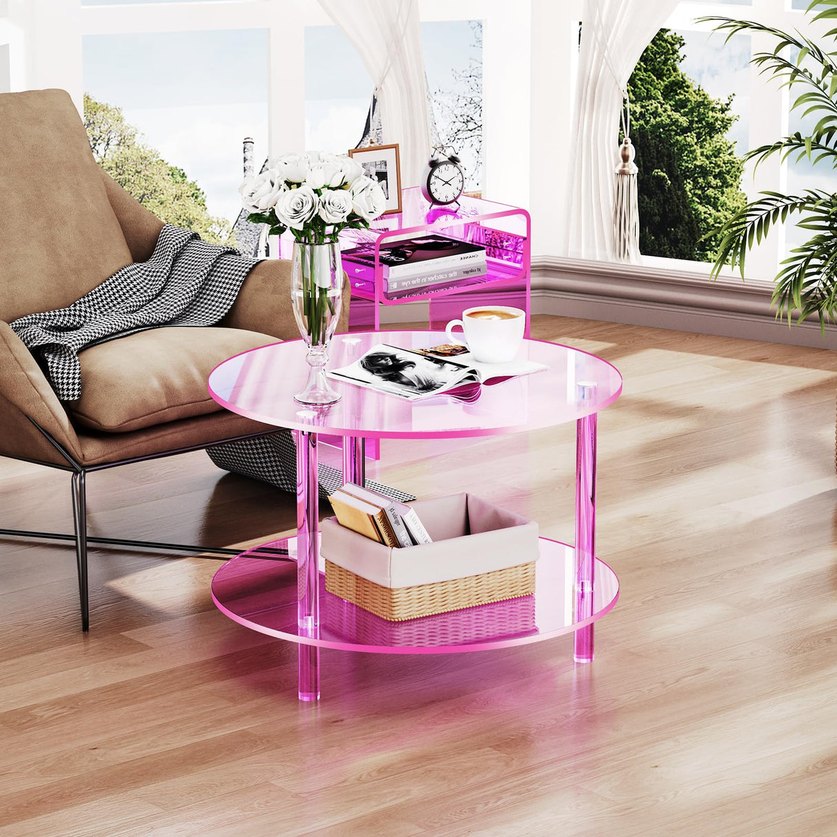 solaround Acrylic Coffee Table, Small Round Modern Coffee Table for Living Room, Pink solaround