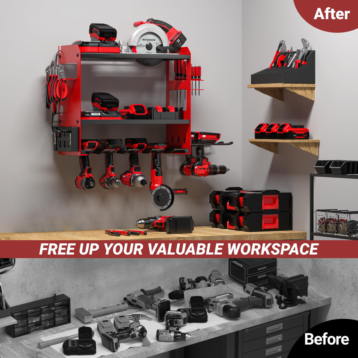 YYR Power Tool Organizer Wall Mount with Charging Station, Cordless Tools Hanger and Battery Storage Rack for Garage Organization, Heavy Duty Drill Holder Shelf Build in Metal Power Strip - Red YYR