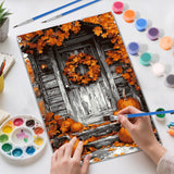 Skyboda Fall Pumpkin Paint by Numbers Kit for Adults Beginners with Frame, Maple Door Adult Paint by Number Kits on Canvas, Easy DIY Oil Painting Kits for Home Decor, 8x12in Skyboda