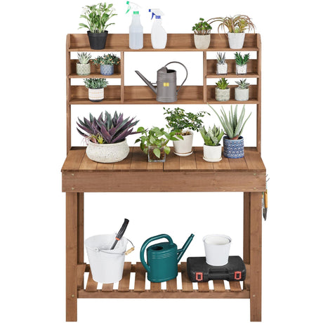 Topeakmart Potting Bench Germination Table - Wood Garden Work Bench Flatform w/Display Rack/Practical Storage Prganizer for Backyard, Patio and Balcony, Brown Topeakmart