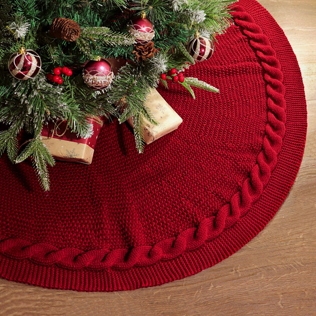 LimBridge Knitted Christmas Tree Skirt: 48 Inches Wine Red Tree Skirt, Chunky Cable Knit Thick Rustic Christmas Tree Decorations, Farmhouse Christmas Decor Xmas Holiday Home Party Decorations LimBridge