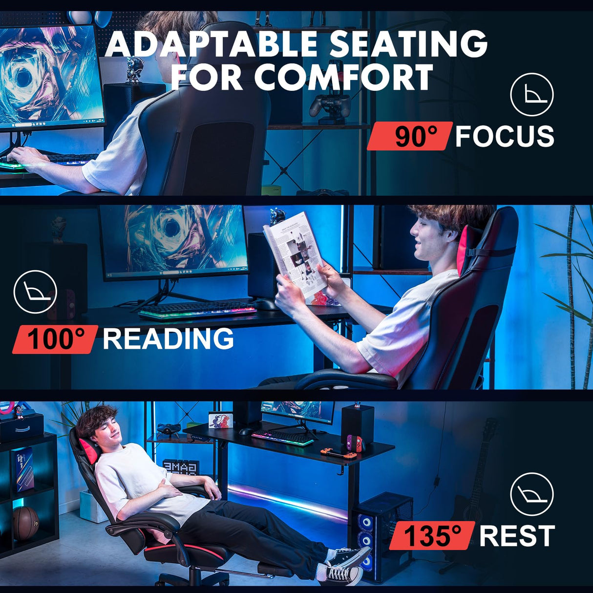 GTPLAYER Gaming Chair, High Back Leather Computer Gaming Chair with Footrest, Ergonomic Height Adjustable Office Chair with Removable Cover and Lumbar Support for Gaming and Work (Red) GTPLAYER