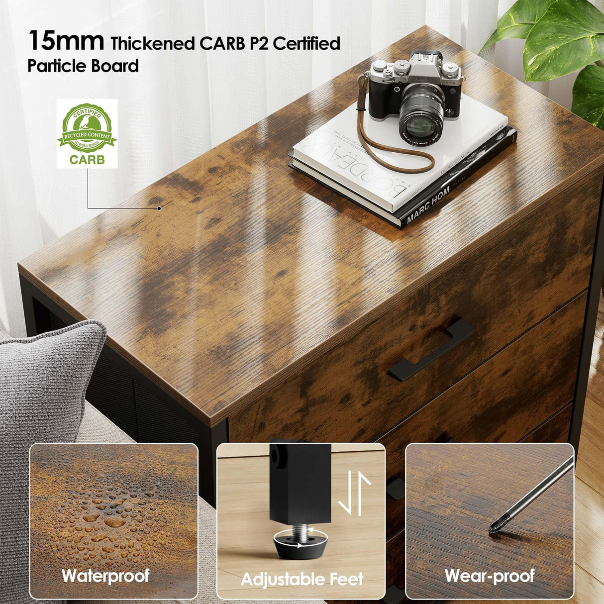 Memobarco Nightstand, End Table, Bedside Table, Small Tall Dresser for Bedroom with 3 Storage Drawer, Chest of Drawers Fabric Dressers with Steel Frame, Wooden Top & Front for Living Room Memobarco