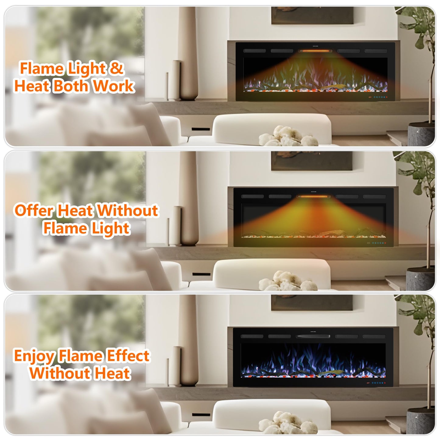 Kentsky 72" WiFi Electric Fireplace Inserts, Recessed and Wall Mounted Fireplace Heater W/Adjustable Flame Color & Brightness, Thermostat, 9H Timer, App and Remote Control, 750/1500W