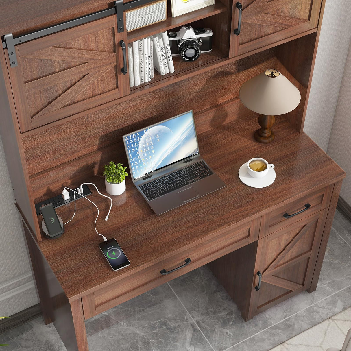 Farmhouse 47" Executive Desk, Computer Desk with 2 Drawers and Storage Cabinet, Home Office Desk with Hutch, Charging Hub, Workspace for Work and Study, Brown Vabches