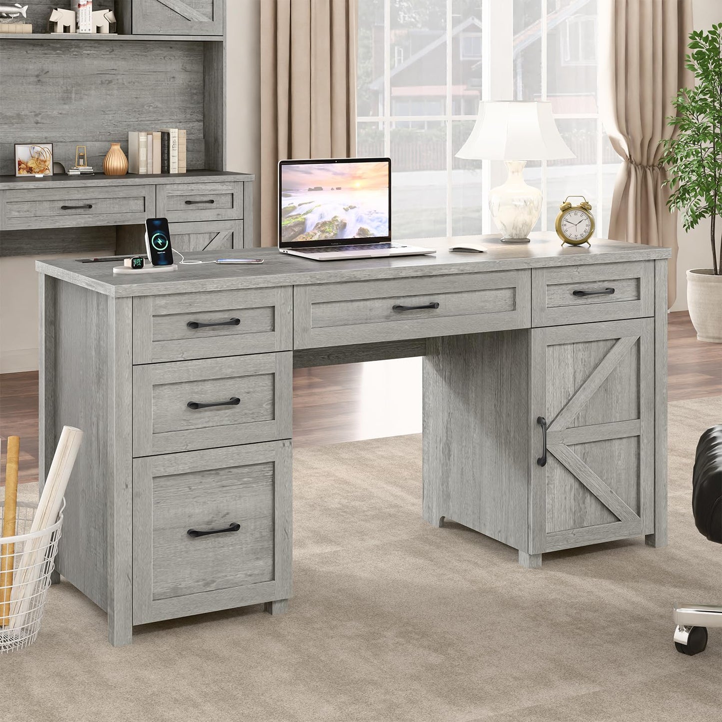 Farmhouse 61'' Executive Desk with 5 Drawers, Rustic Office Desk Computer Desk with Charging Station, File Drawers and Storage Cabinet, Wood Workstation for Home Office and Study, Gray - WoodArtSupply