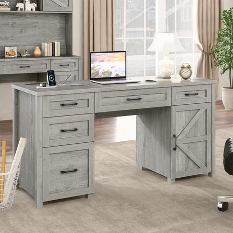 Farmhouse 61'' Executive Desk with 5 Drawers, Rustic Office Desk Computer Desk with Charging Station, File Drawers and Storage Cabinet, Wood Workstation for Home Office and Study, Gray Halitaa