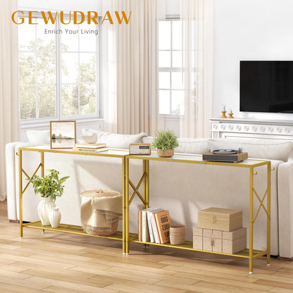 Gewudraw Gold Console Table, 2 Tier Narrow Entryway Table with Shelves and Hooks, Couch Table Behind Sofa, Entrance Table with Golden Frame for Entryway, Hallway, Foyer - WoodArtSupply