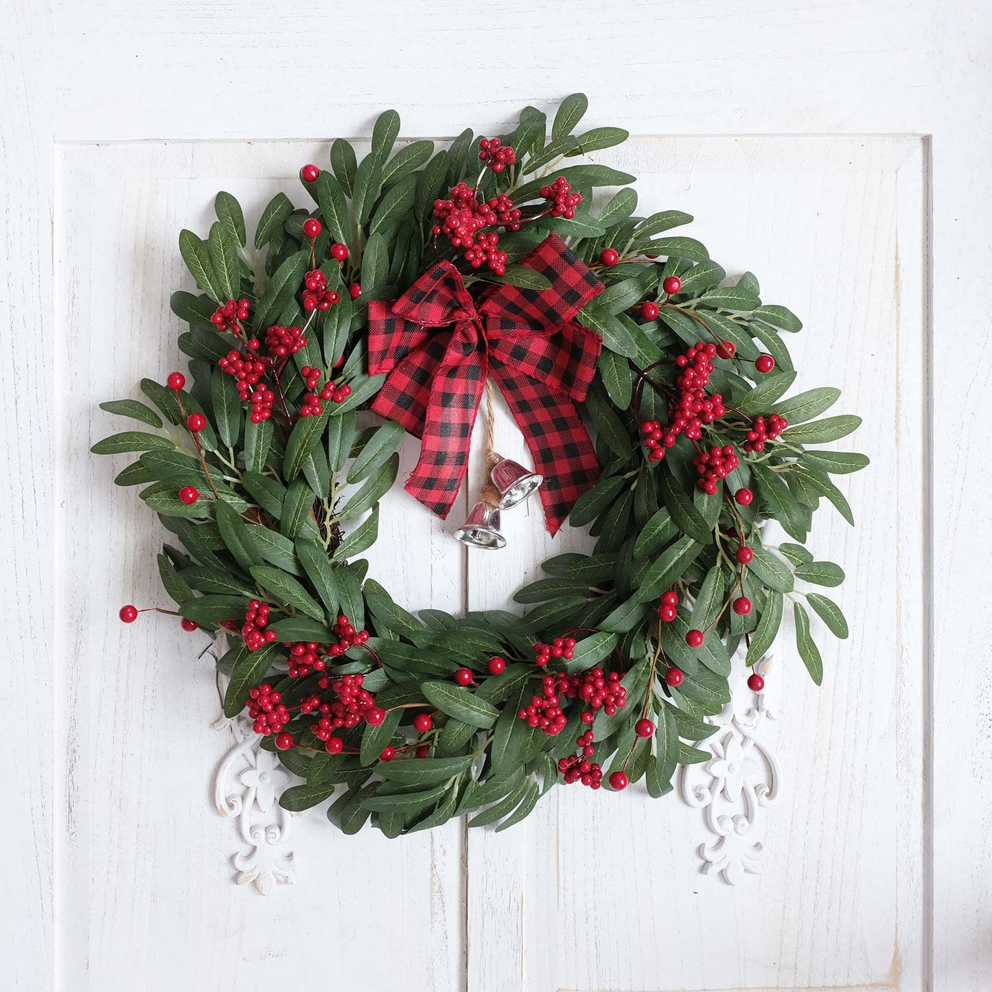 Bibelot Christmas Olive Wreath for Front Door Christmas Red Berry Wreath, Winter Bowknot Leaves Wreath with Red Berry and Jingle Bell Farmhouse Front Door Wreath