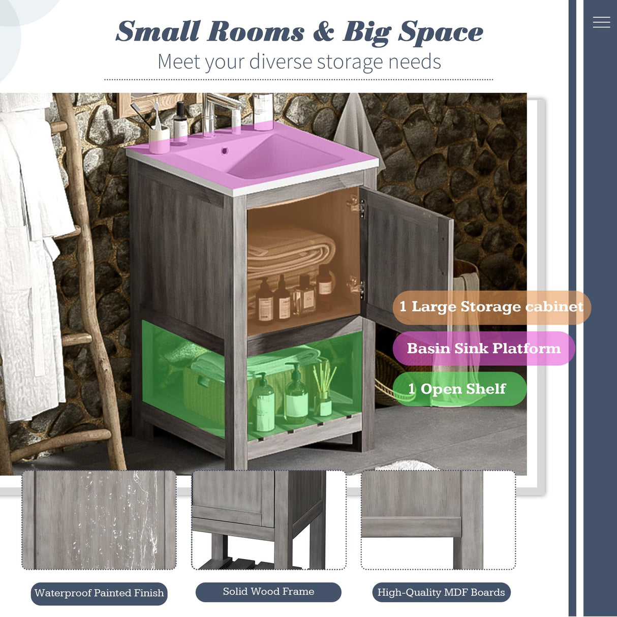 Merax 16" Farmhouse Bathroom Vanity with Sink, Freestanding Small Bathroom Vanity Storage Cabinet with Open Shelf, Solid Wood Frame, Ceramic Sink Merax