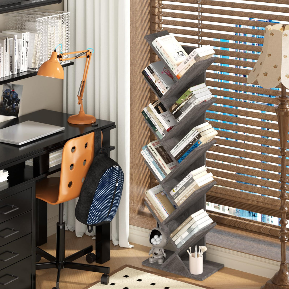 SHEEPAM 10 Tier Tree Book Shelf, Floor Standing Wood Bookshelf for Narrow Space, Storage Organizer Bookshelves for Books/CDs/Magazine, Bookcase with Shelves for Home Office, Living Room - Light Grey SHEEPAM