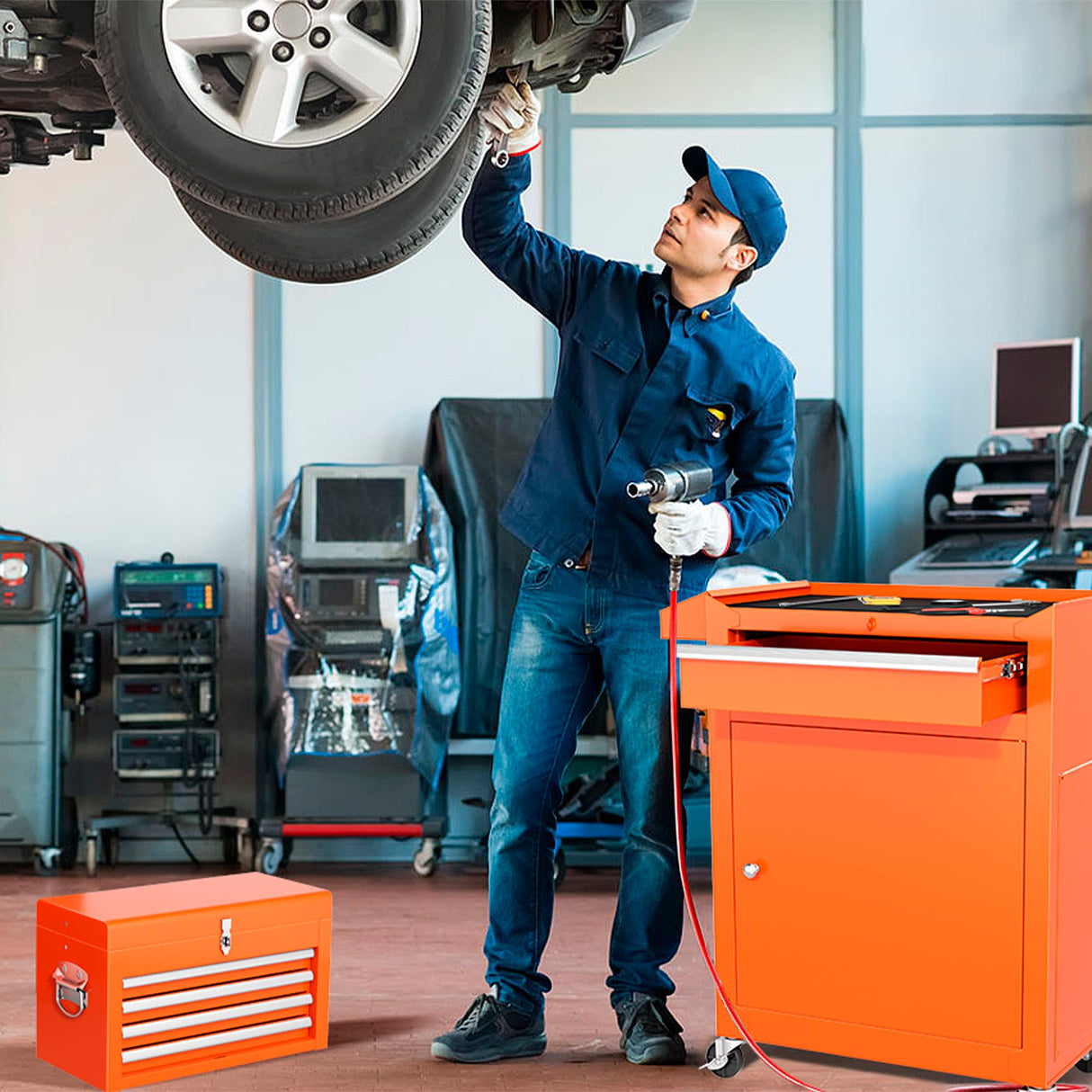 Greenvelly Metal Tool Chest,5-Drawer Rolling Tool Cart with Wheels,2 in 1 Detachable Tool Cabinets,Liners and Locking System for Warehouse, Garage,Workshop, Barbershop(Orange) Greenvelly