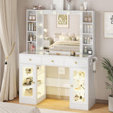 HUANLEGO White Vanity Desk with Mirror and Lights, Glass Top Vanity with Lighted Mirror & RGB Glass Cabinet and 3 Drawers, Makeup Vanity Desk with Lights Dressing Table for Bedroom, 3 Color Modes HUANLEGO