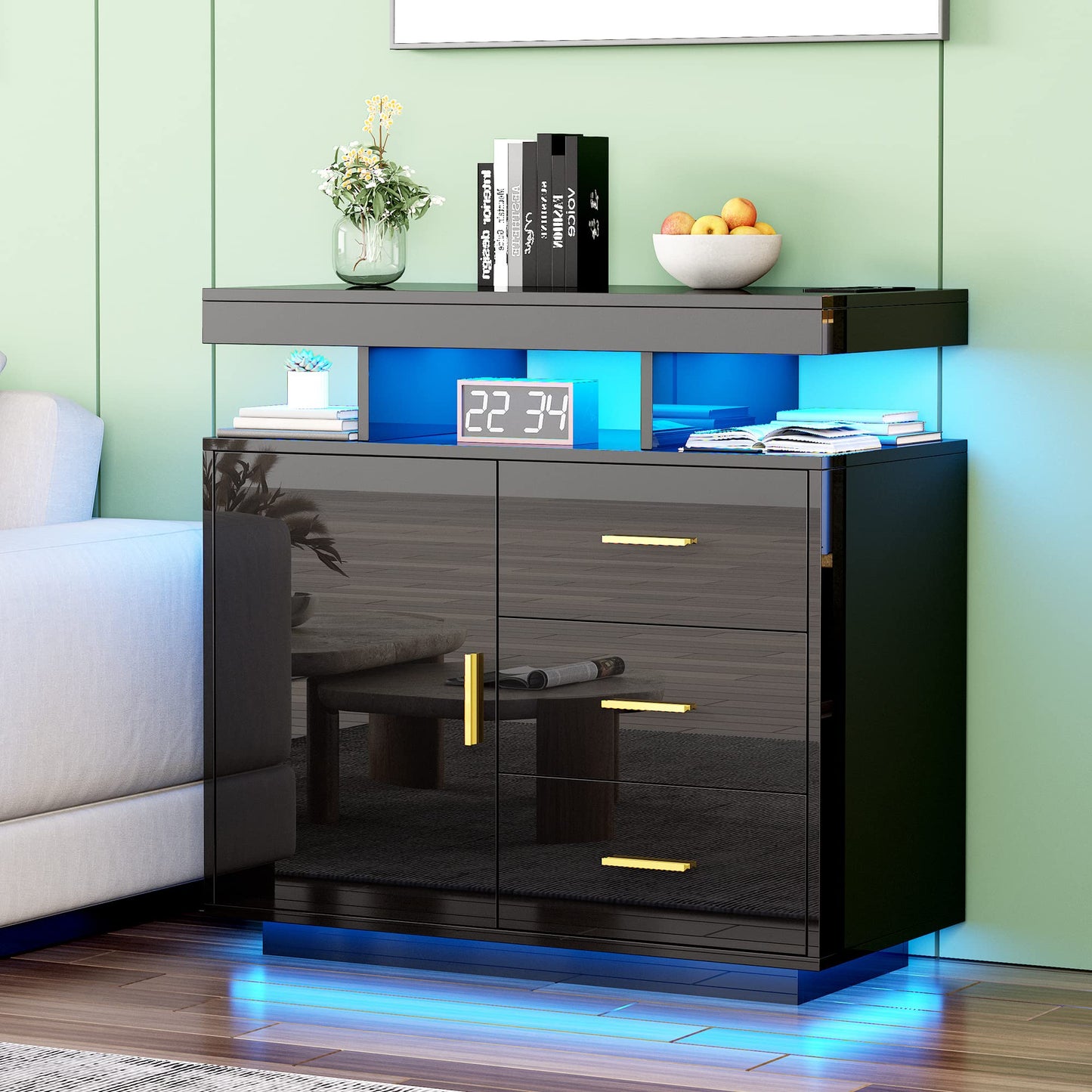 LVSOMT Sideboard Buffet Storage Cabinet with LED Lights & Wireless Charging Station, Modern Kitchen Bar Cabinet, High Gloss Wood Accent Cabinet, Console Table for Living Room (Gloss Black) - WoodArtSupply