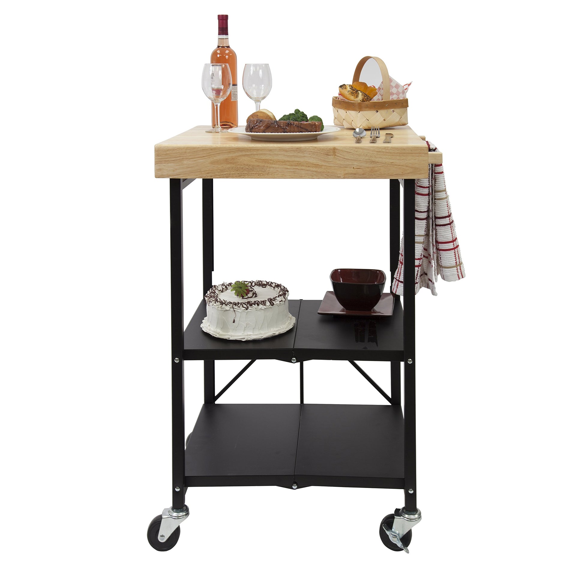 Origami Foldable Wheeled Portable Steel Frame and Solid Wood Top Kitchen Island Bar Cart with Open Shelving and Built In Towel Rack, Black - WoodArtSupply