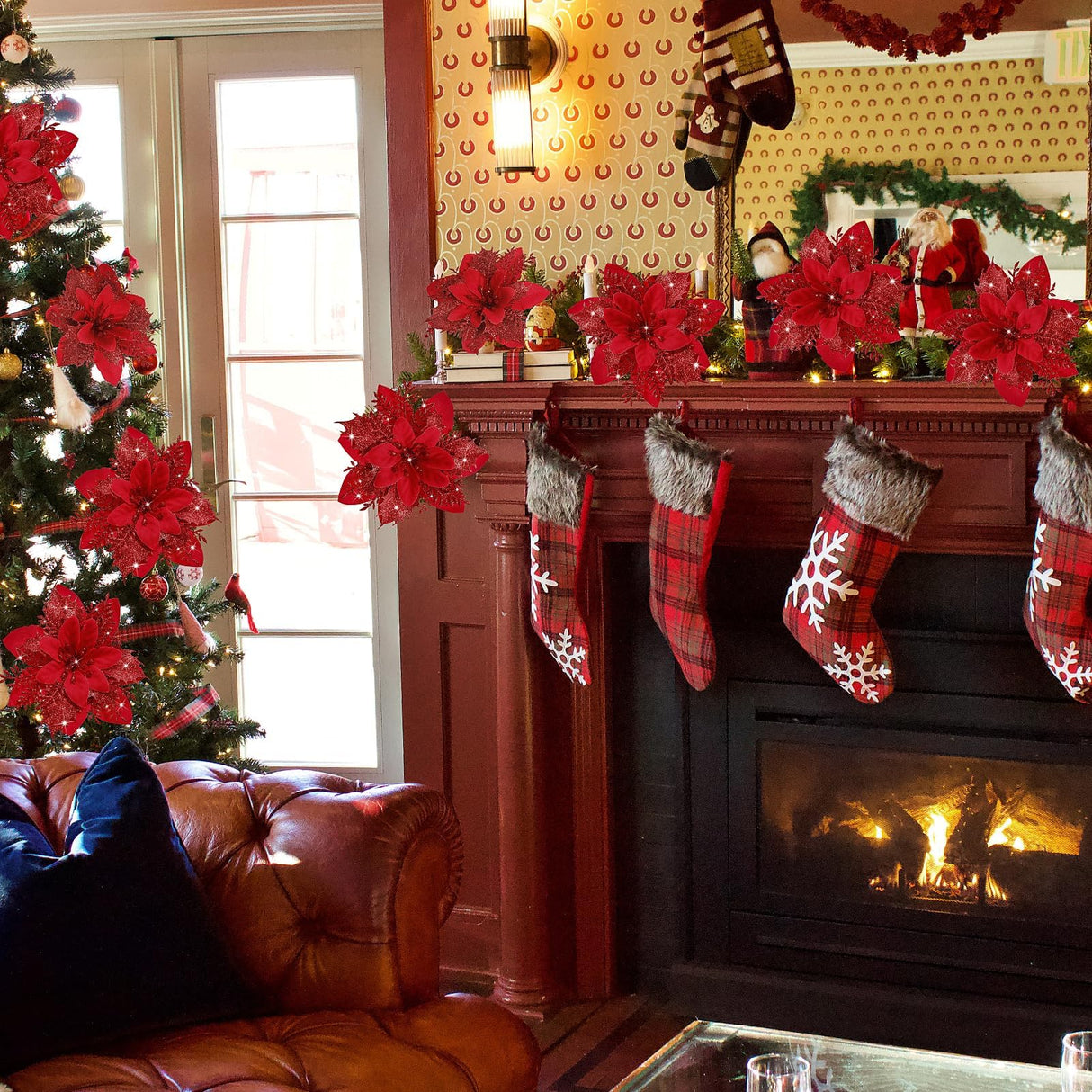 15 PCS Poinsettia Flower Artificial Poinsettia with Clips Christmas Decor Glitter Poinsettia Christmas Ornaments Christmas Tree Flower Decorations with Stems DIY Xmas Wreath Holiday Home Party Decor Childom