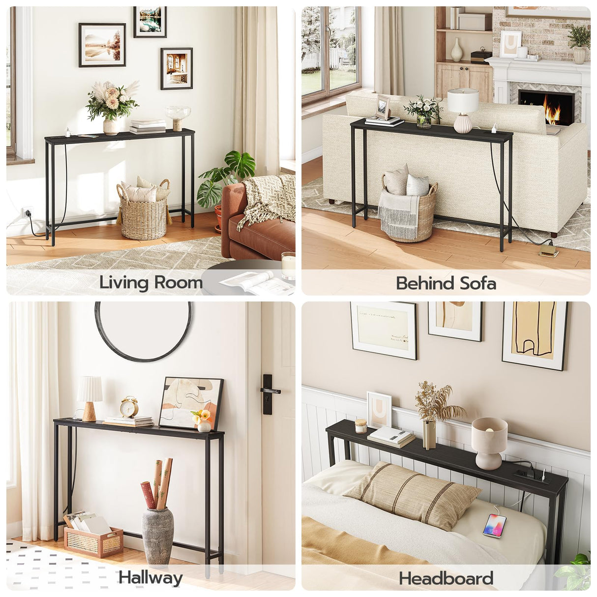 HOOBRO 47.2" Skinny Console Table with Power Outlets, 5.9" Behind Couch Table with Charging Station, Narrow Sofa Table, Long and Thin Table for Entryway, Living Room, Black BB15XG01G1 HOOBRO