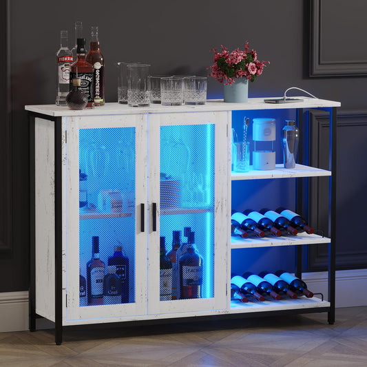 jajov LED Farmhouse Coffee Bar Cabinet with Storage, Corner Coffee Stand Station with 3 Colors Lighting, Dining Hutch Cabinet with Removable Wine Rack (White/43.3'') - WoodArtSupply