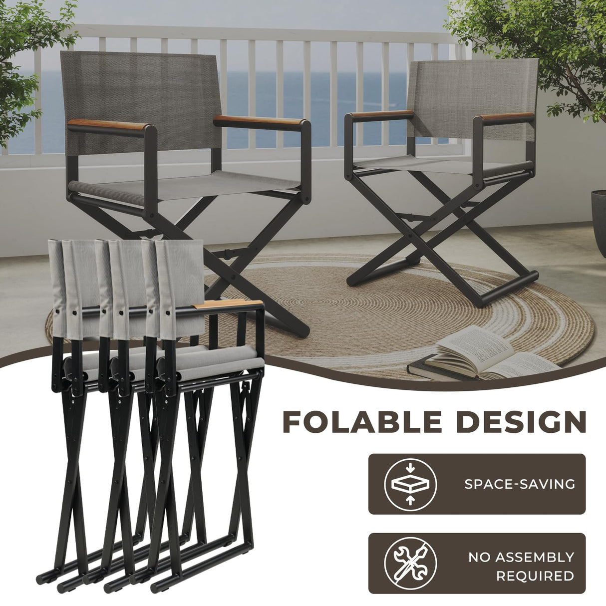 Grand patio 7-Piece Outdoor Dining Set, 6 Extra-Wide Foldable Chairs & 1 Extendable Table, UV-Resistant Mesh Patio Furniture Set, Wood Grain Tabletop for Garden, Yard and Terrace, Black Grand patio