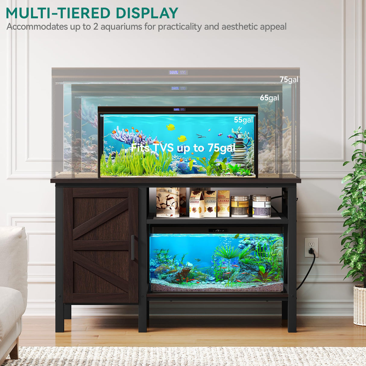 YITAHOME 55-75 Gallon aquarium stand with Power Outlets, Heavy Duty Metal Fish Tank Stand, Cabinet for Fish Tank Accessories Storage suitable for Fish Tank, Turtle Tank, 880LBS Capacity, Brown YITAHOME