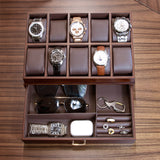 KAMIER Watch Box for Men, 10 Slots Mens Watch Case with Glass Lid, Watch Display Case With Drawer, 2-Layer Watch Holder Organizer, Jewelry and Watch Storage for Men Women, Walnut KAMIER