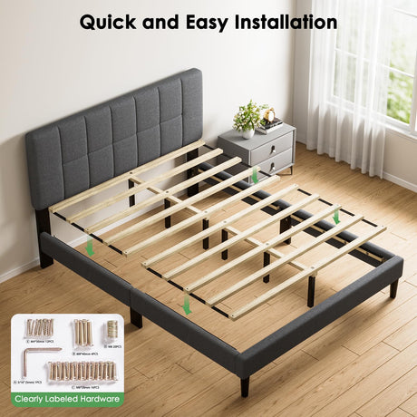 Marsail Queen Size Bed Frame, Sturdy and Durable with 12 Support Legs, 1300 lbs Capacity, Solid Wooden Upholstered Adjustable Headboard for 6"-12" Mattresses, Easy Assembly, Ideal Height, Dark Gray Marsail
