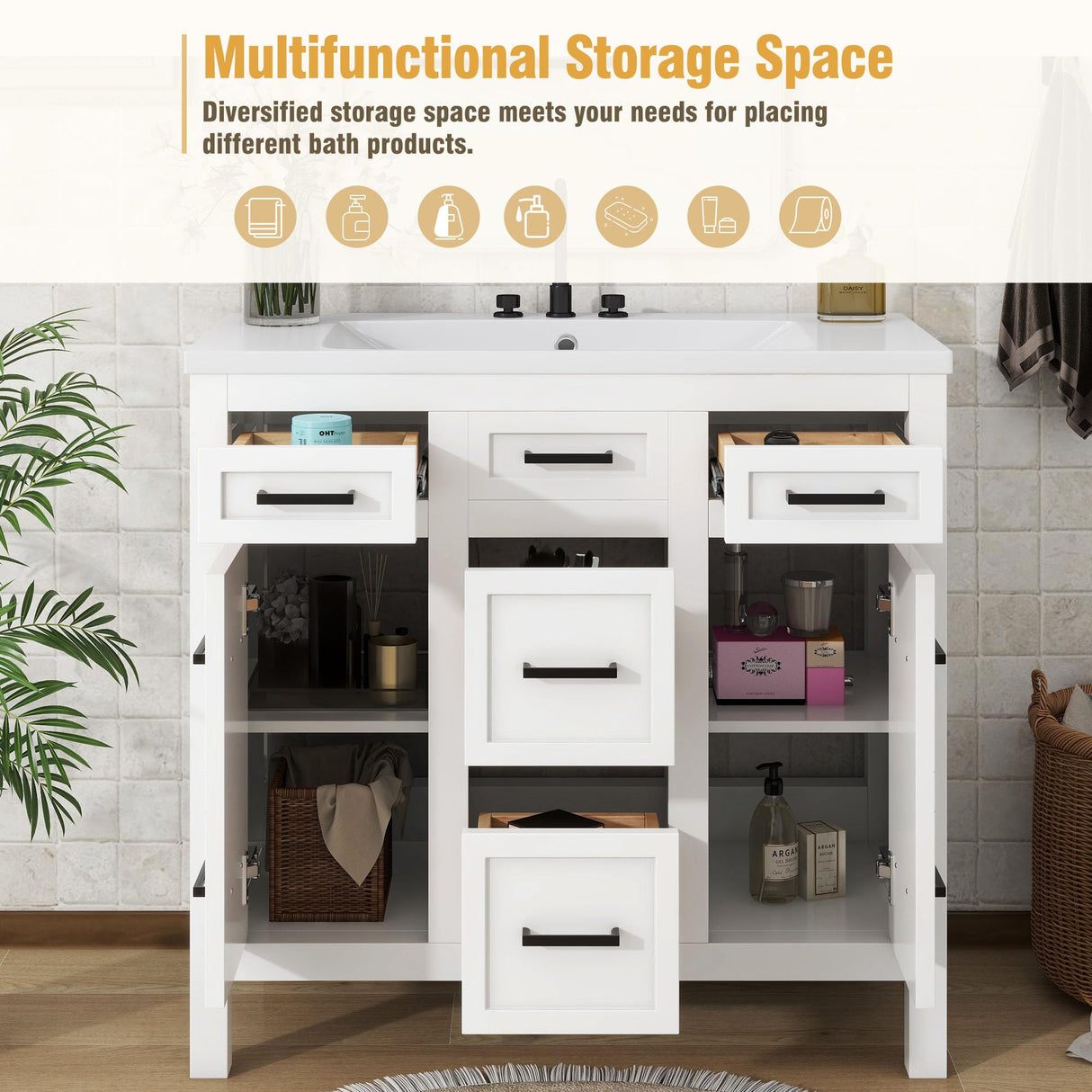 Harper & Bright Designs 36" Bathroom Vanity with Sink, Free Standing Single Basin Vanity Set with 2 Doors & 4 Drawers, Modern Wooden Bathroom Cabinet with Resin Basin for Bathroom, White Harper & Bright Designs