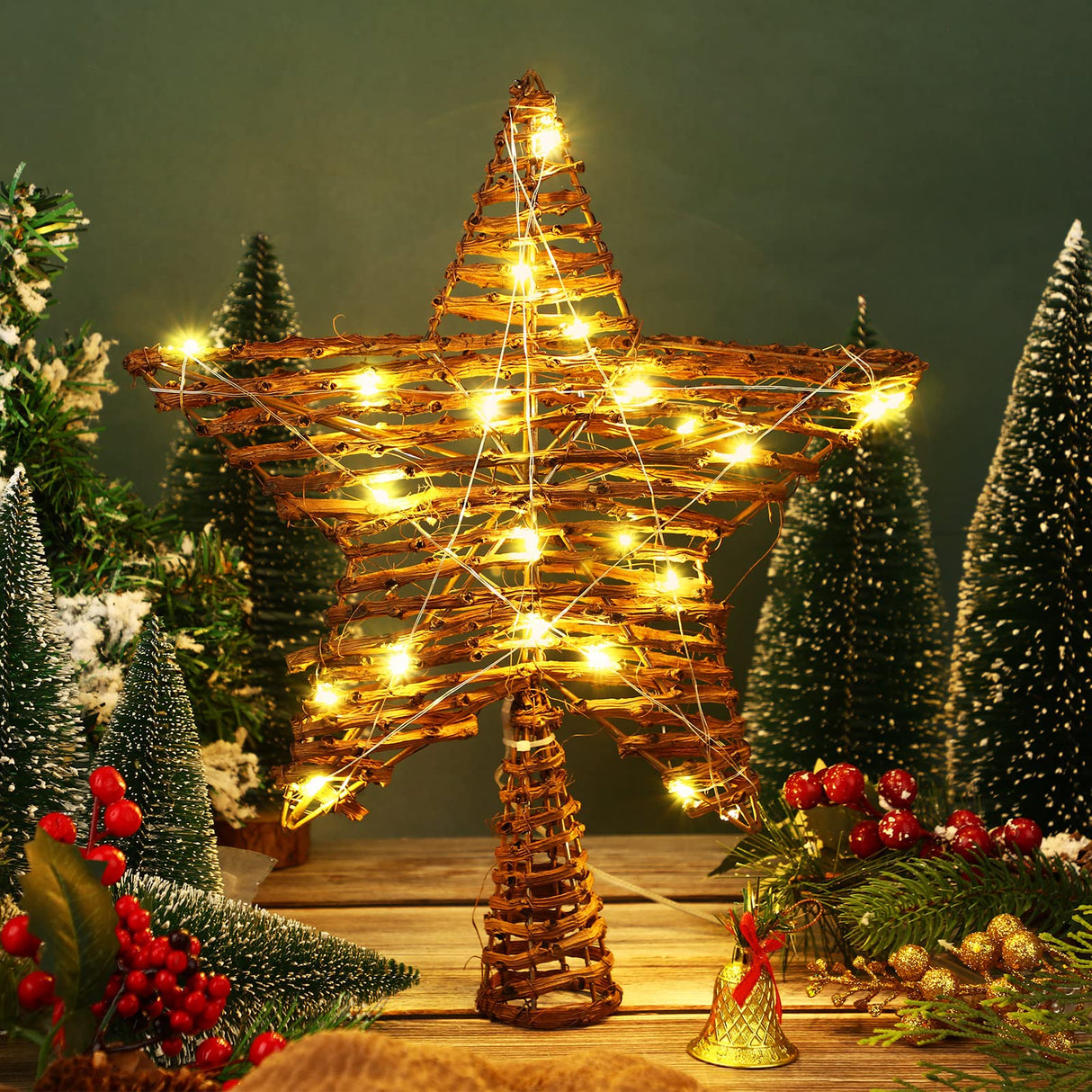 Christmas Rattan Star Treetop,14 Inch Rattan Natural Burlap Star Tree Topper with 20 Warm Lights Rustic Boho Treetop Decoration Xmas Star Treetop for Christmas Tree Ornament Holiday Party Indoor Home Threan