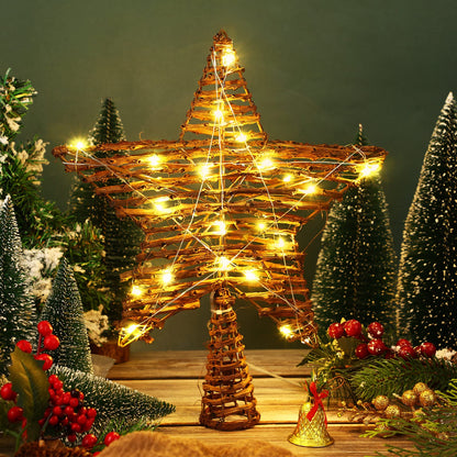 Christmas Rattan Star Treetop,14 Inch Rattan Natural Burlap Star Tree Topper with 20 Warm Lights Rustic Boho Treetop Decoration Xmas Star Treetop for Christmas Tree Ornament Holiday Party Indoor Home