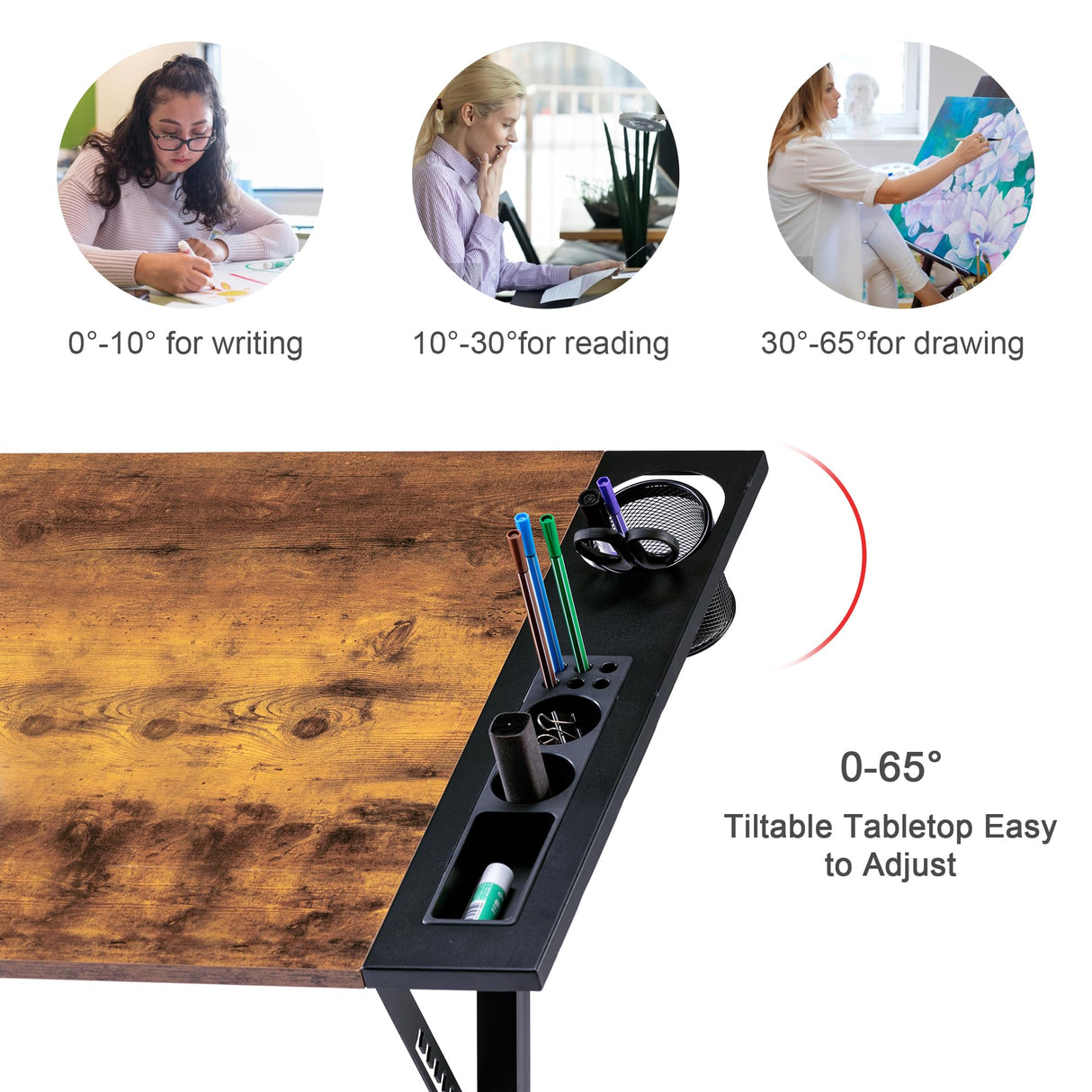 VECELO Vintage Drawing Drafting Table, Adjustable Tilting Top Art Desk Craft Work Station with Pencil Ledge, Lockable Slide Rolling Wheels for Painting Diamond Reading Writing Study, Rustic Brown VECELO