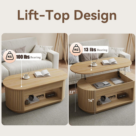 47-Inch Oval Lift Top Coffee Table with Storage Shelf for Living Room, Large Wooden Fluted Modern Center Table with 2 Tier Shelf, Modern Tea Tables with Hidden Compartment for Bedroom, Light Oak Epecoya