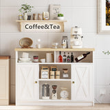 IRONCK Coffee Bar Cabinet with Power Strip, 47" Storage Cabinet with Barn Doors and Thickened Top Board, White Sideboard, Buffet for Dinning Room, Kitchen, Living Room IRONCK