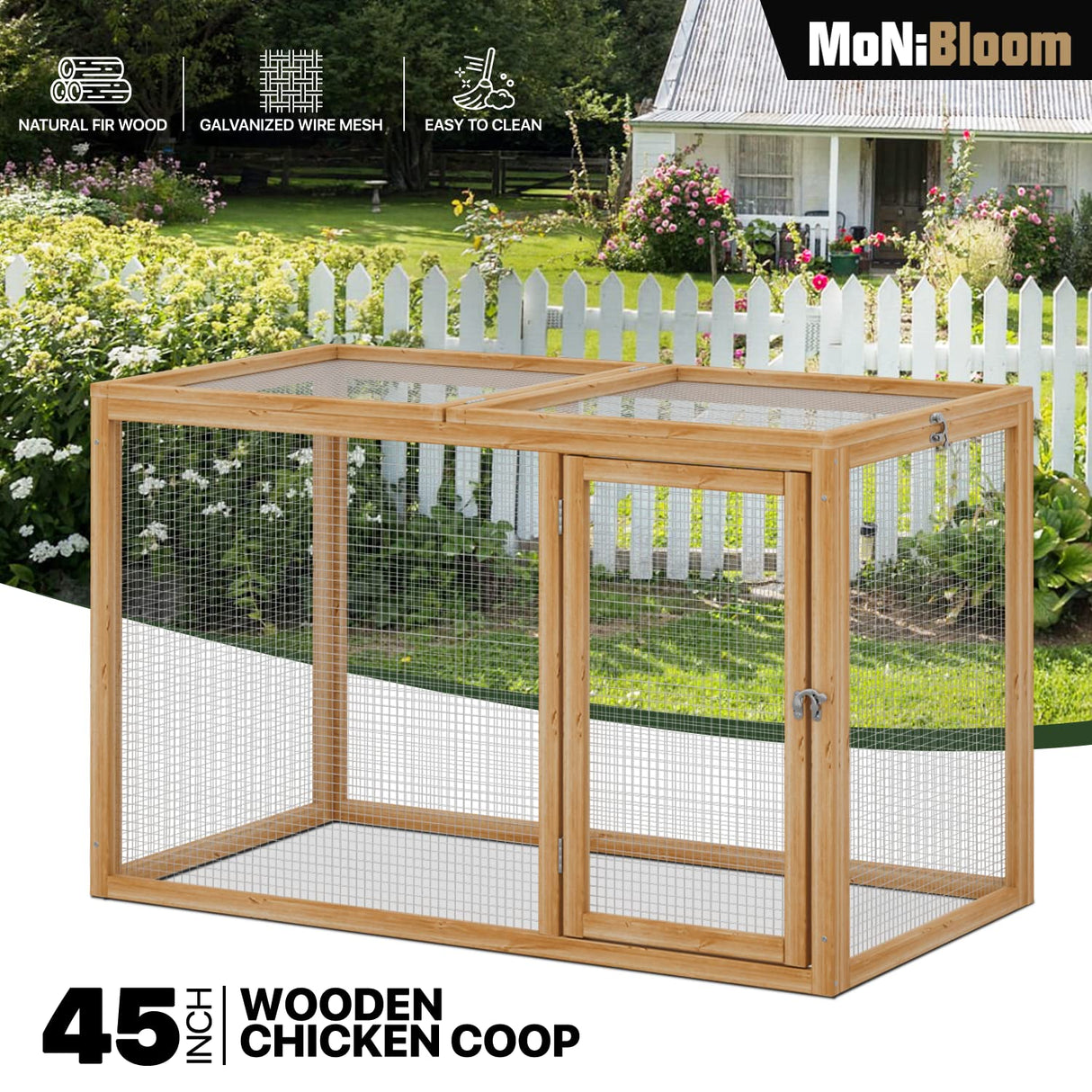 MoNiBloom Chicken Run for Yard Wood Chicken Cage Rabbit Hutch Bunny Pen with Openable Roof and Side Door, Outdoor Lockable Duck Coop Small Animal Habitat Enclosure Hen Coop Add-Ons, 45 x 24 x 28 inch MoNiBloom