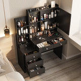 Vabches Vanity Desk with Mirror and Lights,Makeup Vanity with 6 Drawers and Shelves,Vanity Table with Power Outlet,Makeup Desk with Led Lighted Mirror in 3 Colors,for Bedroom,Black Vabches