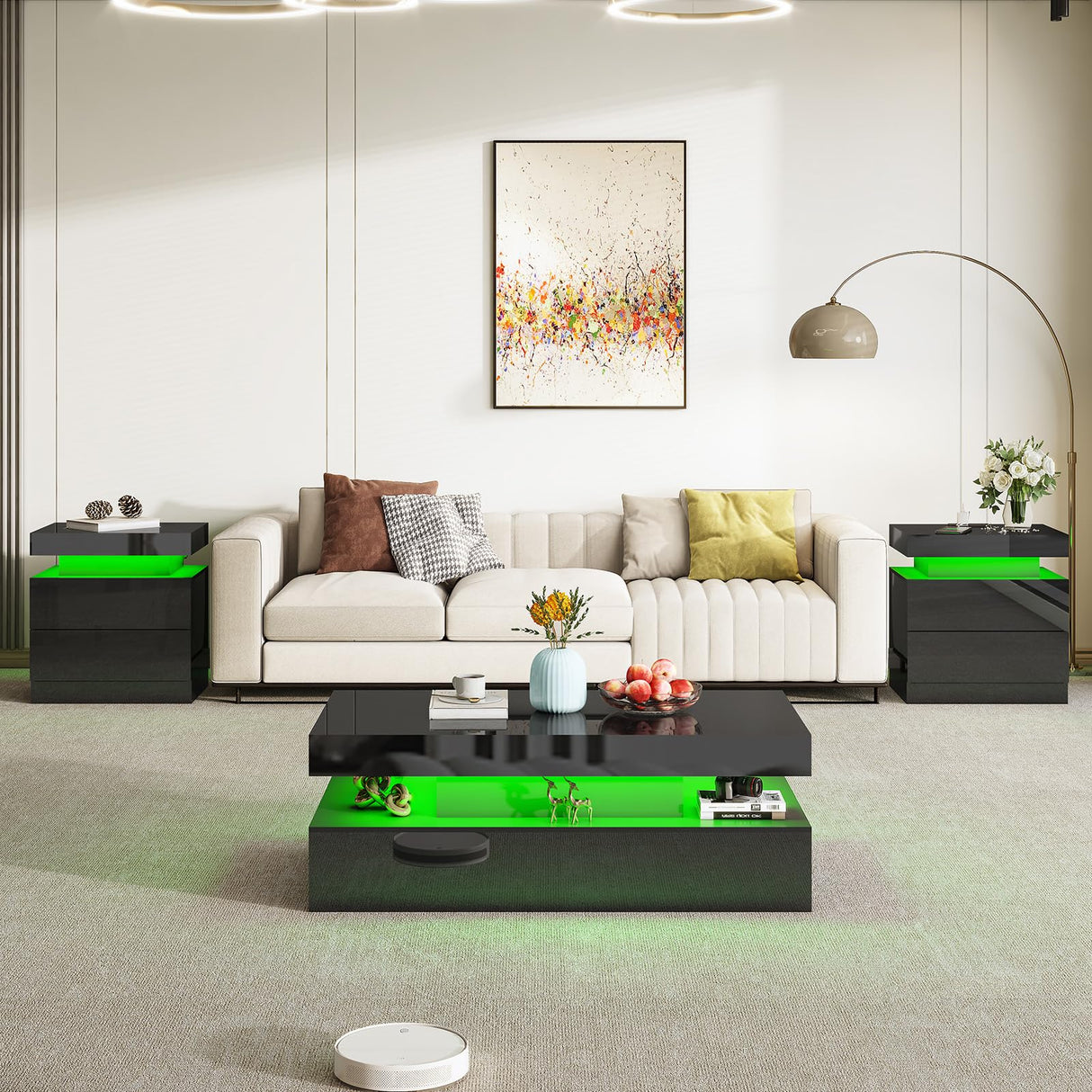 AMERLIFE High Gloss 3 Pieces Living Room Table Set, Modern LED Coffee Table Sets of 3, 2-Tier Center Table with 2 End Side Tables, LED Lights Bedside Table Nightstands with Charging Station, Black AMERLIFE