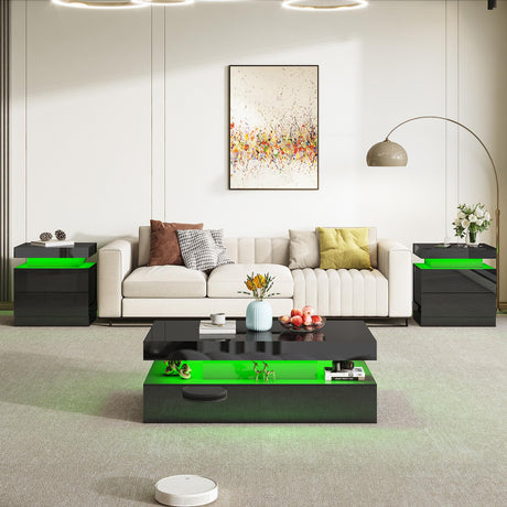 AMERLIFE High Gloss 3 Pieces Living Room Table Set, Modern LED Coffee Table Sets of 3, 2-Tier Center Table with 2 End Side Tables, LED Lights Bedside Table Nightstands with Charging Station, Black AMERLIFE
