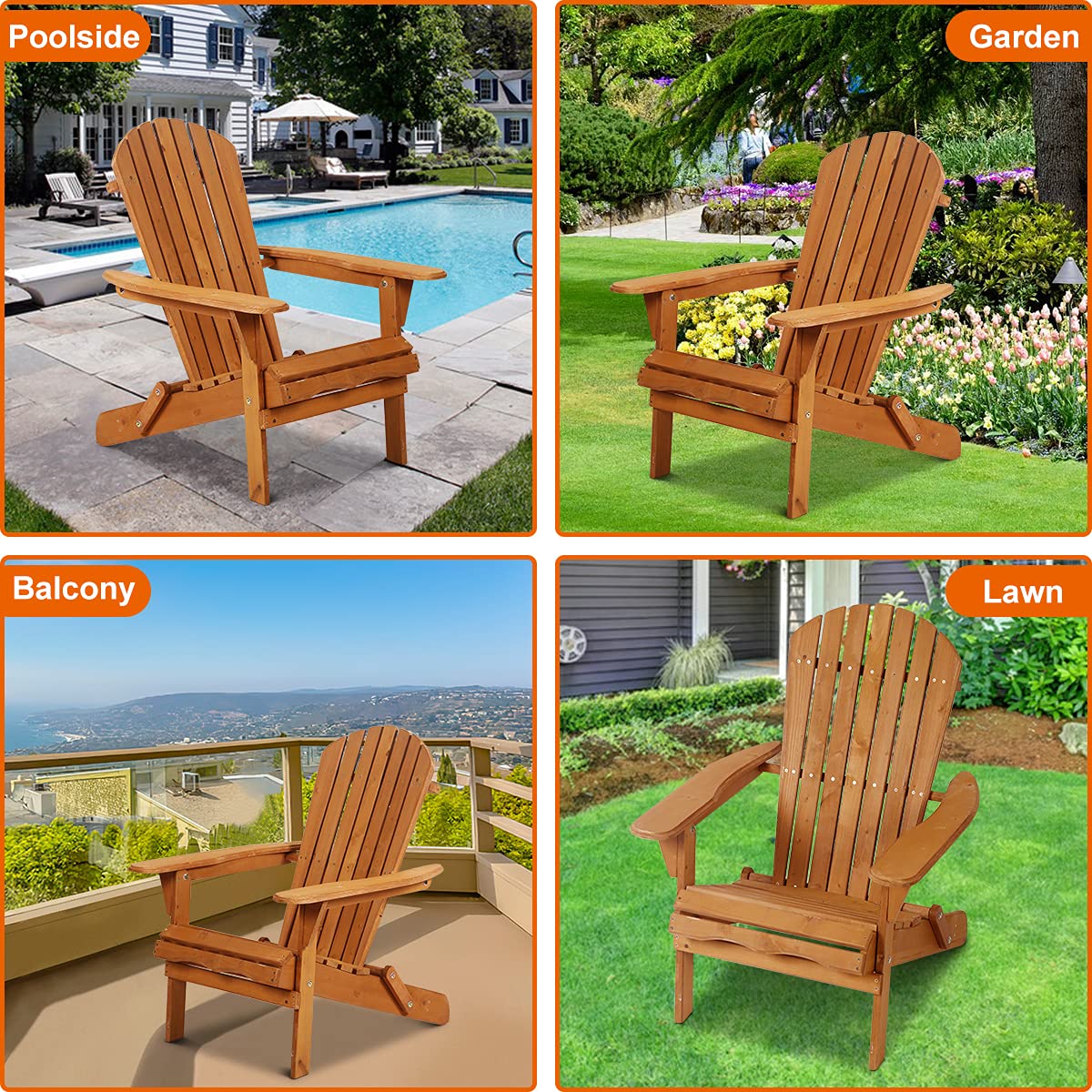 Adirondack Chair Weather Resistant Patio Chairs Folding Outdoor Chair w/Long Arms Solid Wooden Heavy Duty Reclining Fire Pit Chair for Deck, Lawn, Backyard, Garden - Natural Dkelincs