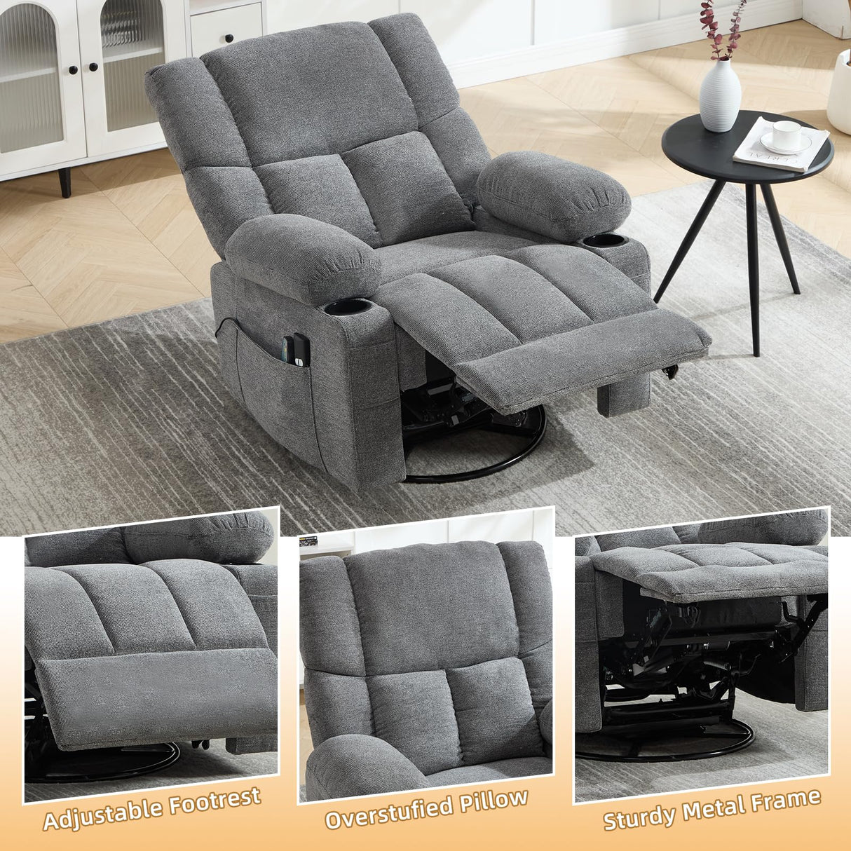IOMOR Power Recliner Chair with Massage and Heating, 360° Swivel Rocker Glider Chair for Adults, Upholstered Fabric Reclining with Side Pockets and Cup Holder for Living Room, Nursery (1, Gray) IOMOR