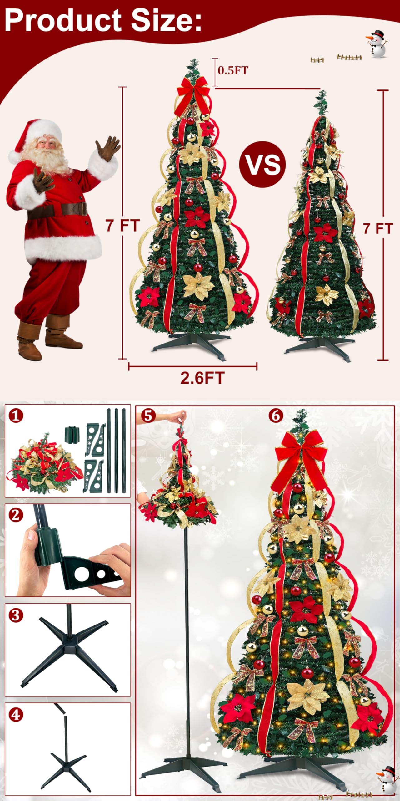 7 Ft Pop Up Full Christmas Tree Prelit 8 Modes 250 Warm White Lights Timer,Pre-Decorated 1 Minute Pull Up Christmas Tree 84 Ornaments UL Plug in Collapsible Xmas Trees Outdoor Indoor Holiday Decor