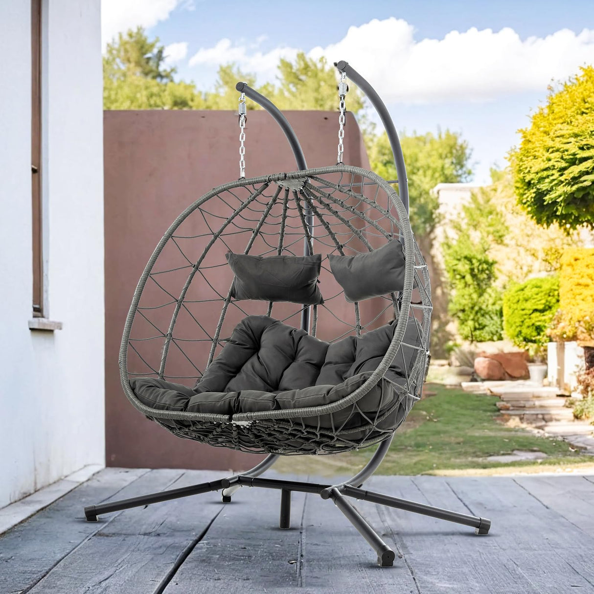 2 Person Double Egg Swing Chair with Stand Indoor Outdoor, Hammock Egg Chair Outdoor, Patio Wicker Hanging Egg Chair w/Cushion 700LBS Capacity for Bedroom, Balcony, Garden, Dark Grey Anranni