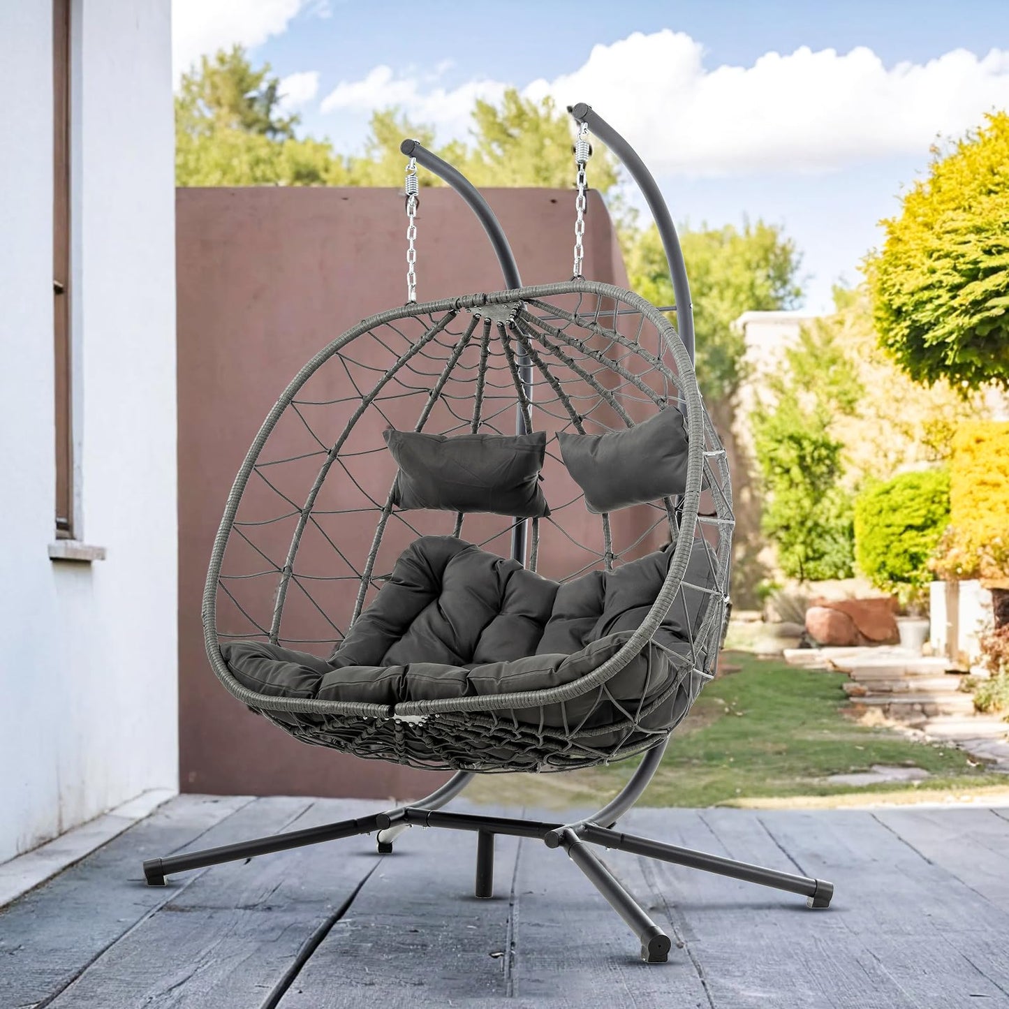 2 Person Double Egg Swing Chair with Stand Indoor Outdoor, Hammock Egg Chair Outdoor, Patio Wicker Hanging Egg Chair w/Cushion 700LBS Capacity for Bedroom, Balcony, Garden, Dark Grey