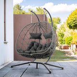 2 Person Double Egg Swing Chair with Stand Indoor Outdoor, Hammock Egg Chair Outdoor, Patio Wicker Hanging Egg Chair w/Cushion 700LBS Capacity for Bedroom, Balcony, Garden, Dark Grey Anranni