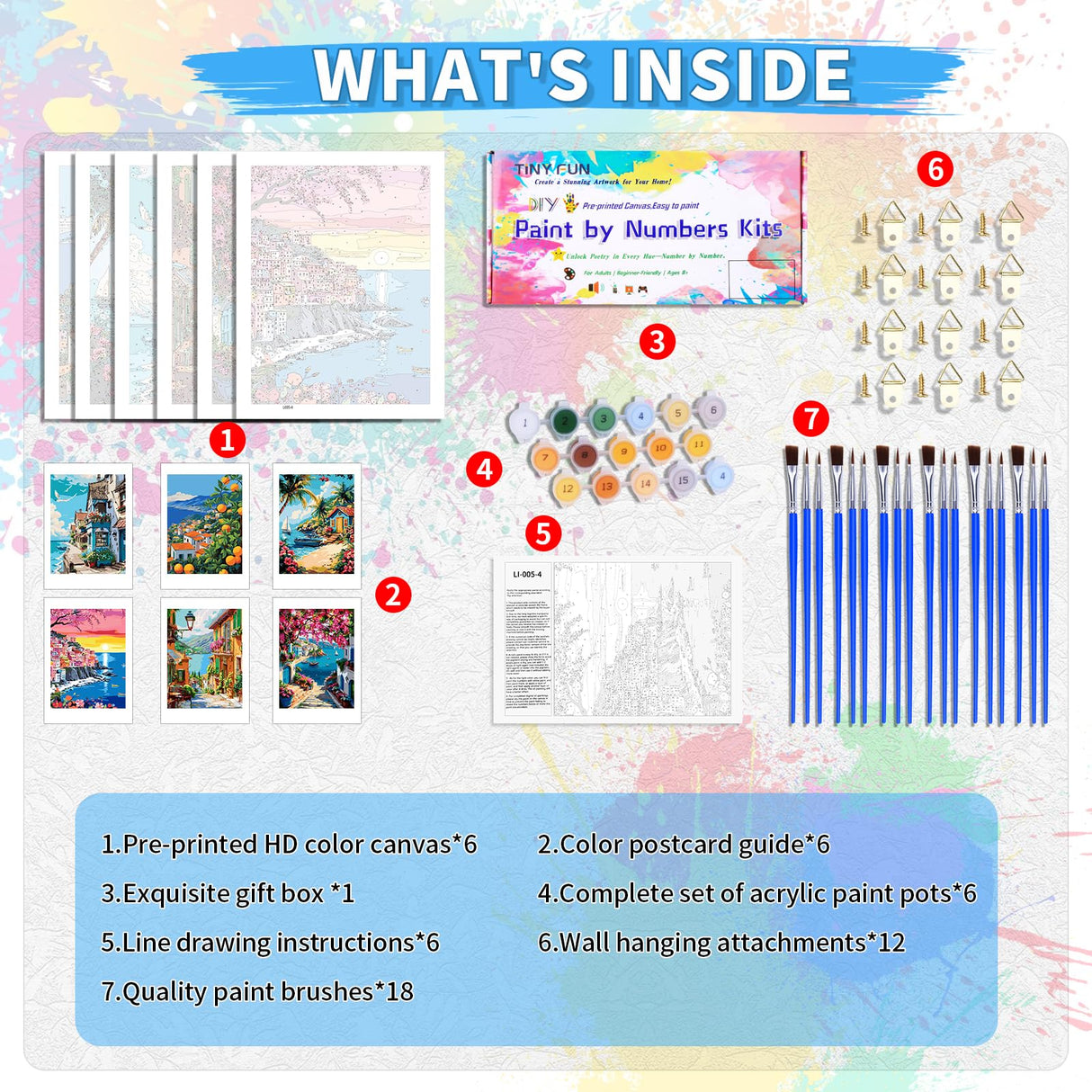 6 Pack DIY Paint by Number Kit for Adults - Mediterranean Coastal Scenery Oil Painting Set, 12x16 Inch Canvas (No Frame), 18 Vivid Acrylic Paints - Stress Relief Art Craft for Home Decor & Gifts TINY FUN