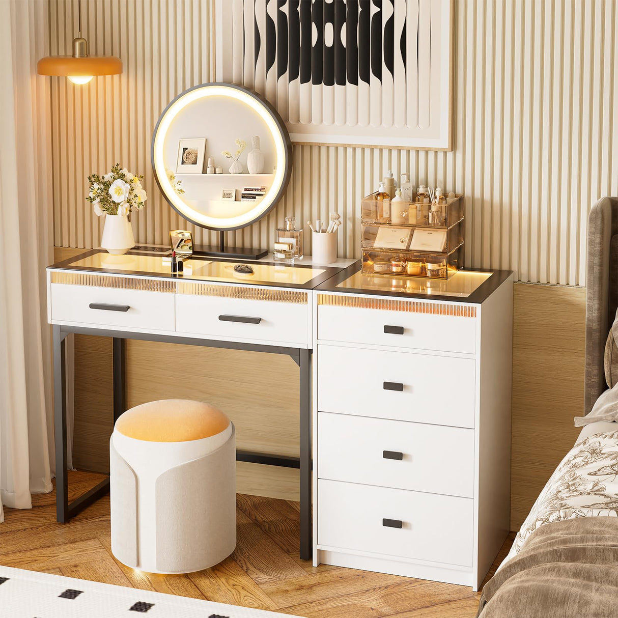 BROTTAR Vanity Desk with Mirror and Lights, 49" Modern Makeup Vanity with Charging Station, 6 Drawers & Divided Organizers, Glass Top Dressing Table for Women Girls Bedroom, White (Chair not Include) BROTTAR