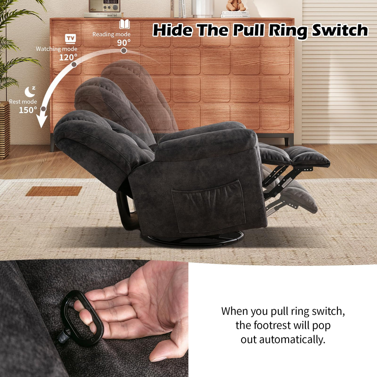 CANMOV Swivel Rocker Recliner, Manual Nursing Recliner with Hidden Switch, Upholstered Plush Seating 360°Swivel Glider Rocking Chair, Comfy Swivel Chair for Living Room, Black CANMOV